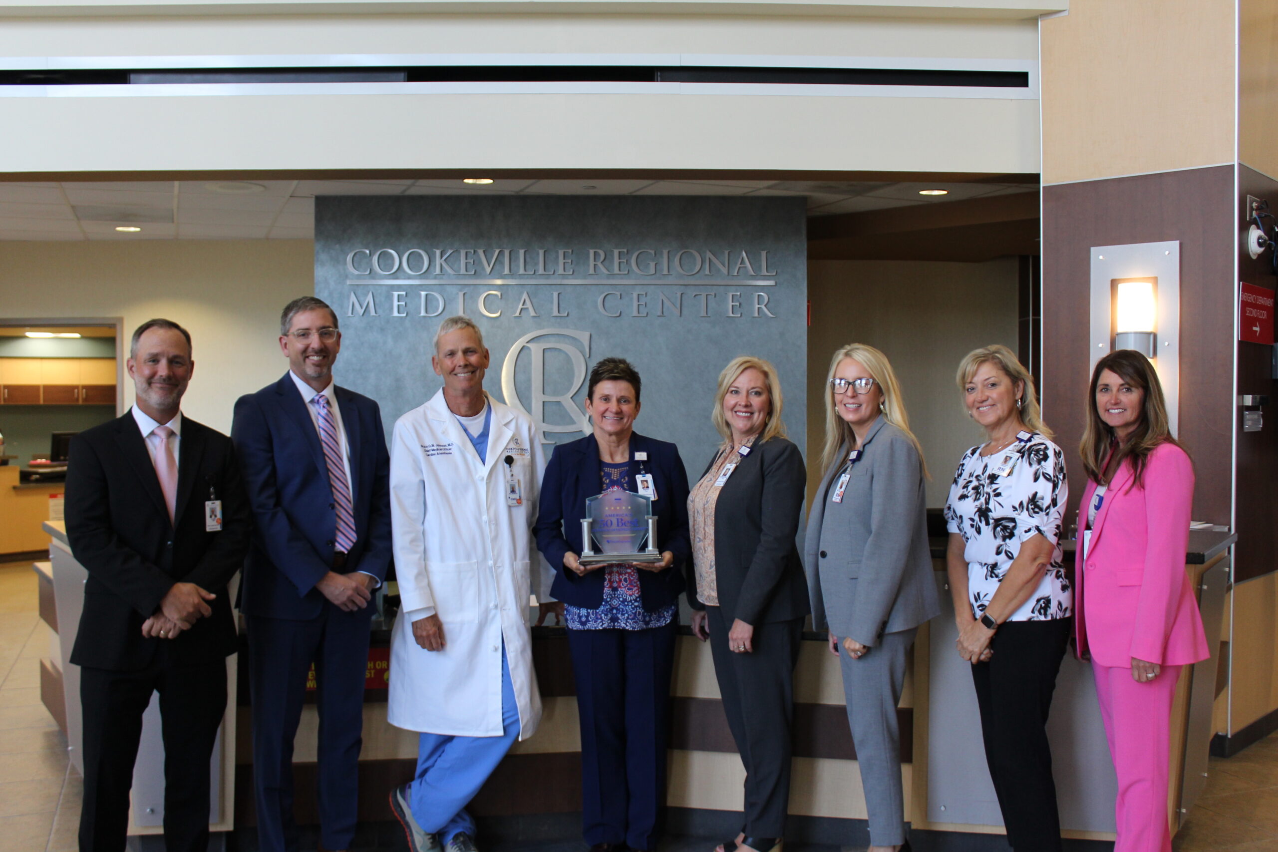 From the left is Luke Hill, Chief Legal Counsel at CRMC; Tim McDermott, Chief Information Officer at CRMC; Dr. Bruce Johnson, Chief Medical Officer at CRMC; Buffy Key, Chief Executive Officer at CRMC; Tommye Rena Wells, Chief Financial Officer at CRMC; Amy Rich, Chief Nursing Officer at CRMC; Chevelle Johnson, Associate Chief Nursing Officer at CRMC; and Angel Lewis, Chief Human Resource Officer at CRMC