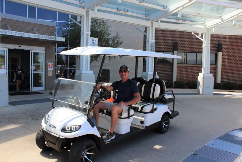 CRMC's New Car to Curb Service Shuttle in front of the North Patient Tower